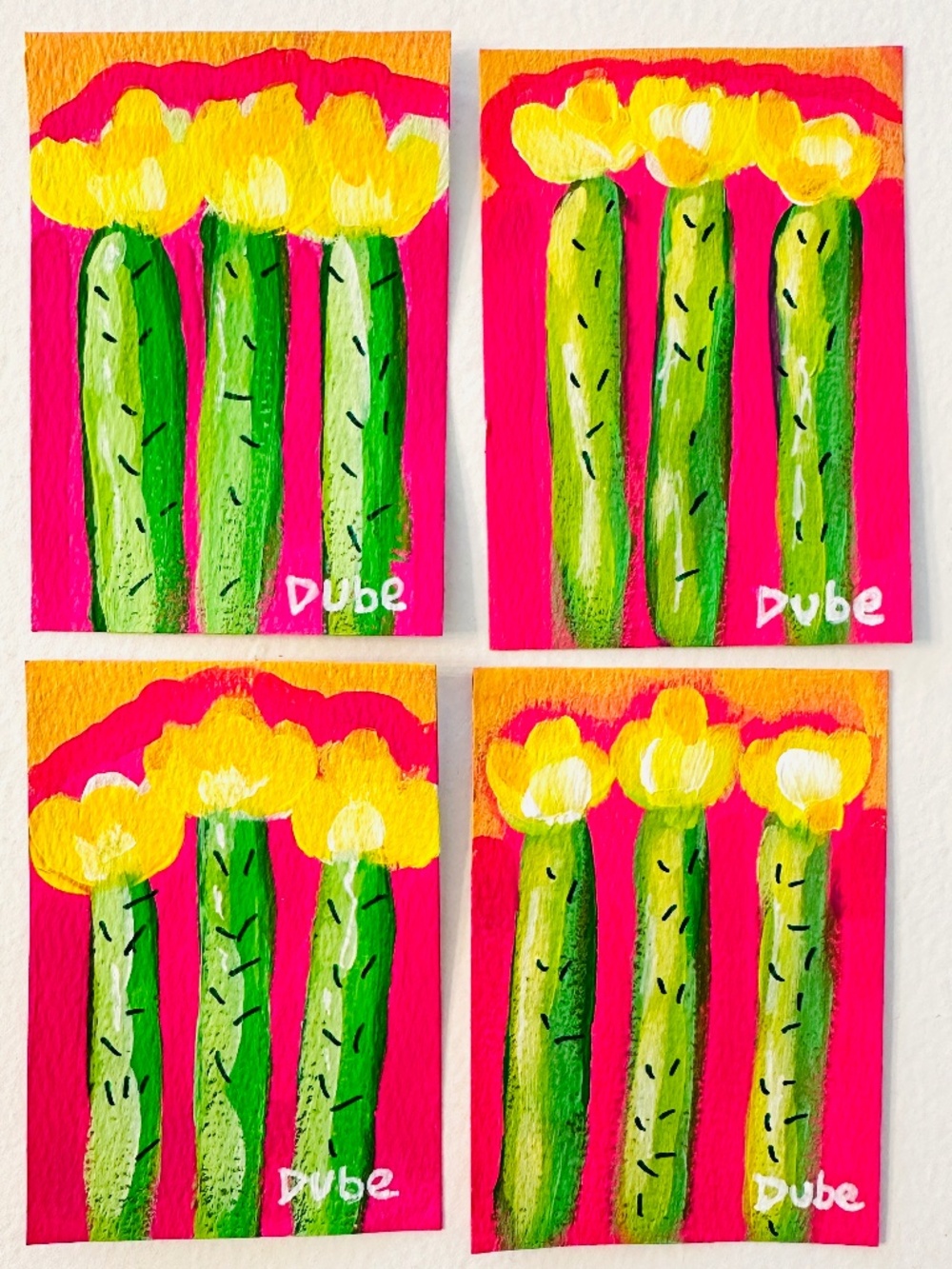 ACEO Original Art Cards - Whimsical Cactus Flower (Set of 4) Hand-Painted